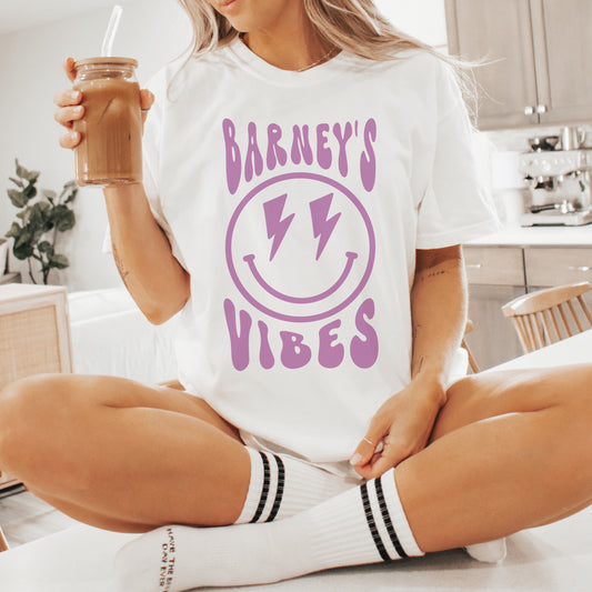 Barney's Vibes | BARNEY'S BEANERY - Women's Smiley Face Tee | Berry Smiley Face Graphic On White T-Shirt, Front View Female Lifestyle Image