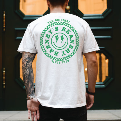 Barney's Energy | BARNEY'S BEANERY - Men's Smiley Face Tee | Big Green Graphic On White T-Shirt, Back View Of Male Lifestyle Image