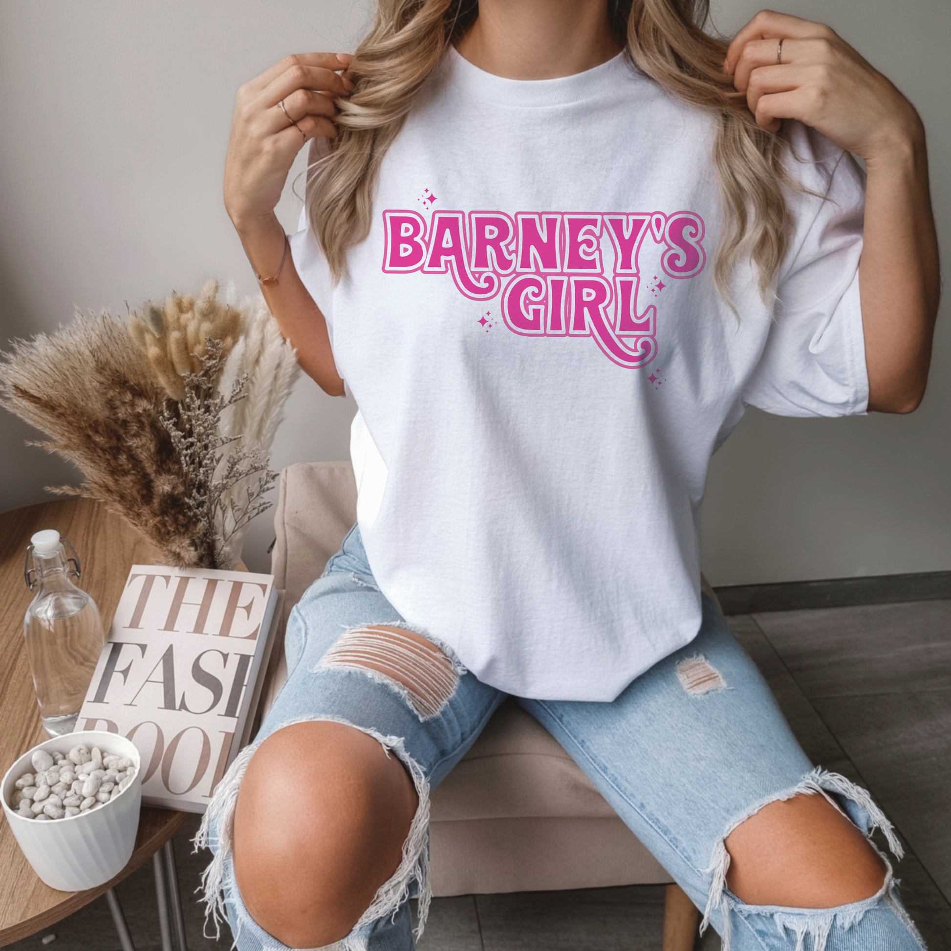 Barney's Girl | BARNEY'S BEANERY - Women's Graphic Tee | White Comfort Colors 1717 T-Shirt, Front View Female Lifestyle Image