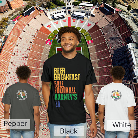 Beer Breakfast Fall Football | BARNEY'S BEANERY - Men's Graphic Tee | Pepper, Black, White Comfort Colors 1717 T-Shirts, Front View Male Lifestyle Image