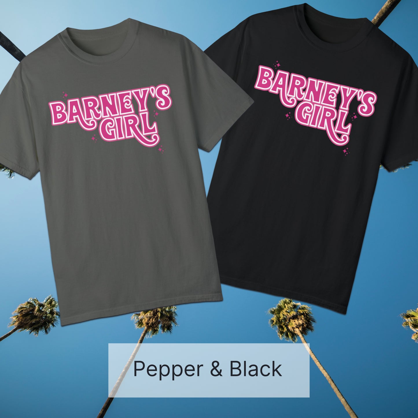 Barney's Girl | BARNEY'S BEANERY - Women's Graphic Tee | Pepper And Black Comfort Colors 1717 T-Shirts, Front View Flat Lay