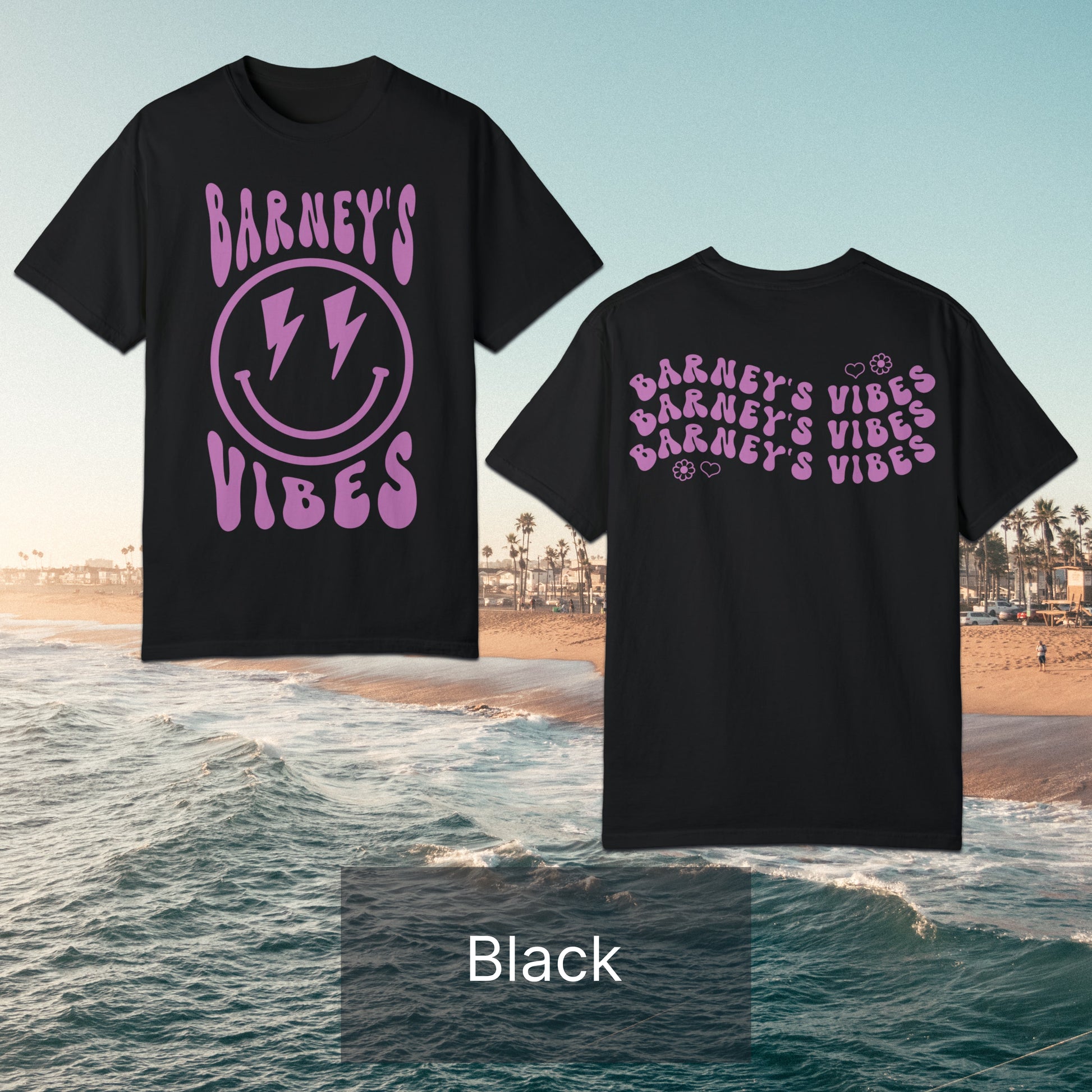 Barney's Vibes | BARNEY'S BEANERY - Women's Smiley Face Tee | Berry Graphics On Black T-Shirt, Front And Back Flat Lay View