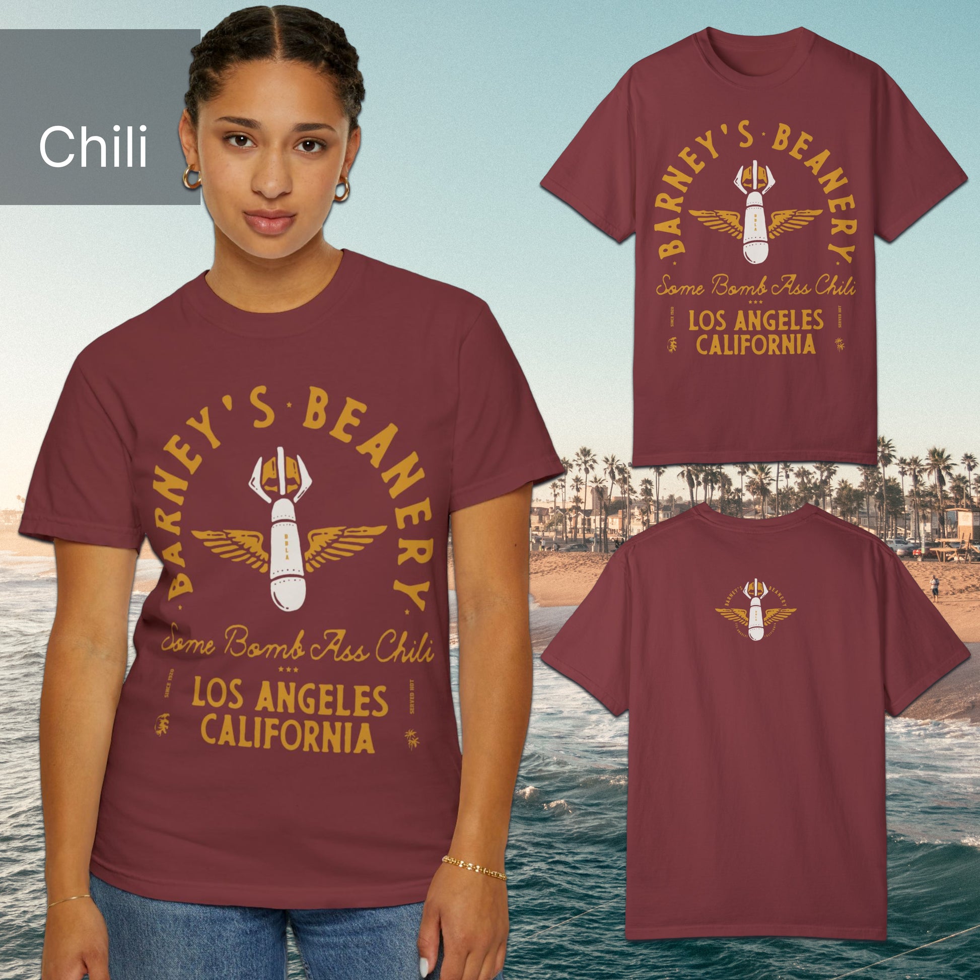 Some Bomb Ass Chili | BARNEY'S BEANERY - Women's Graphic Tee | Chili Comfort Colors 1717 T-Shirt - All Graphics On Front And Back Flat Lay View