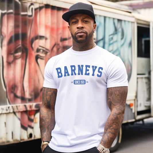 Vintage Collegiate | BARNEY'S BEANERY - Men's Graphic Tee | Blue Graphics On White Gildan 5000 T-Shirt, Front View Male Lifestyle Image