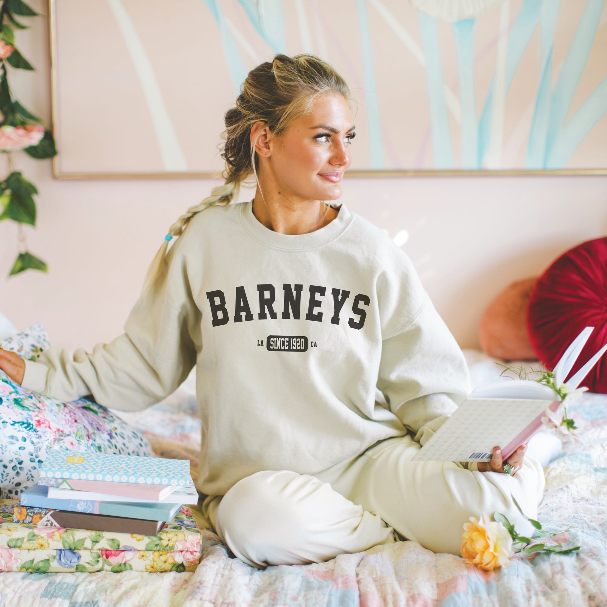 Vintage Collegiate | BARNEY'S BEANERY - Women's Graphic Sweatshirt | Black Graphics On Sand Gildan 18000 Sweatshirt, Front View Female Lifestyle Image