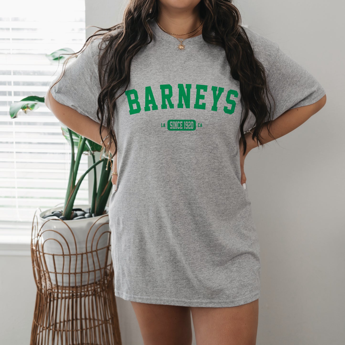 Vintage Collegiate | BARNEY'S BEANERY - Women's Graphic Tee | Sport Grey Gildan 5000 T-Shirt, Front View Female Lifestyle Image