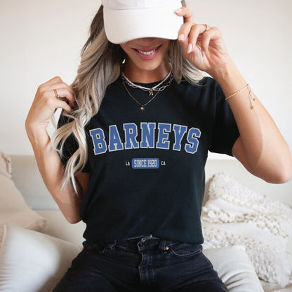 Vintage Collegiate | BARNEY'S BEANERY - Women's Graphic Tee | Black Gildan 5000 T-Shirt, Front View Female Lifestyle Image
