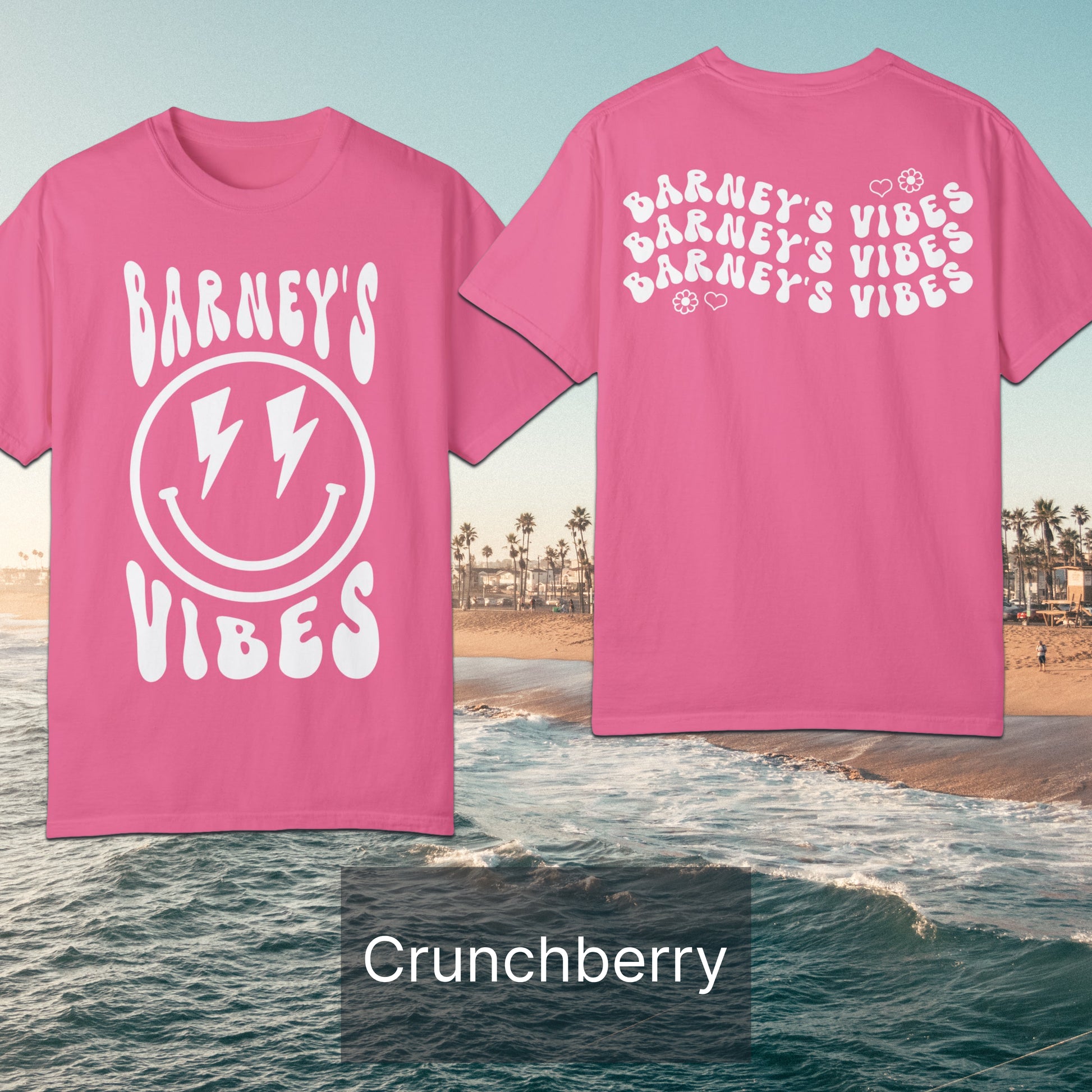 Barney's Vibes | BARNEY'S BEANERY - Women's Smiley Face Tee | White Graphics On Crunchberry T-Shirt, Front And Back Flat Lay View