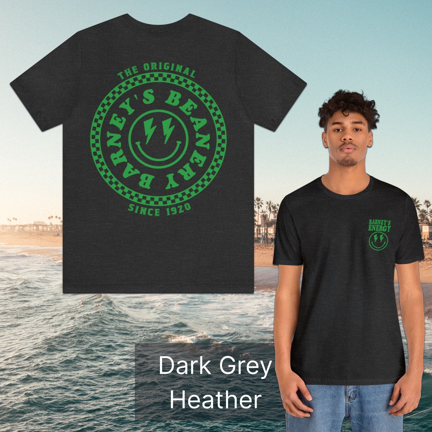 Barney's Energy | BARNEY'S BEANERY - Men's Smiley Face Tee | Green Graphics On Dark Grey Heather T-Shirt, Flat Lay View Front And Back