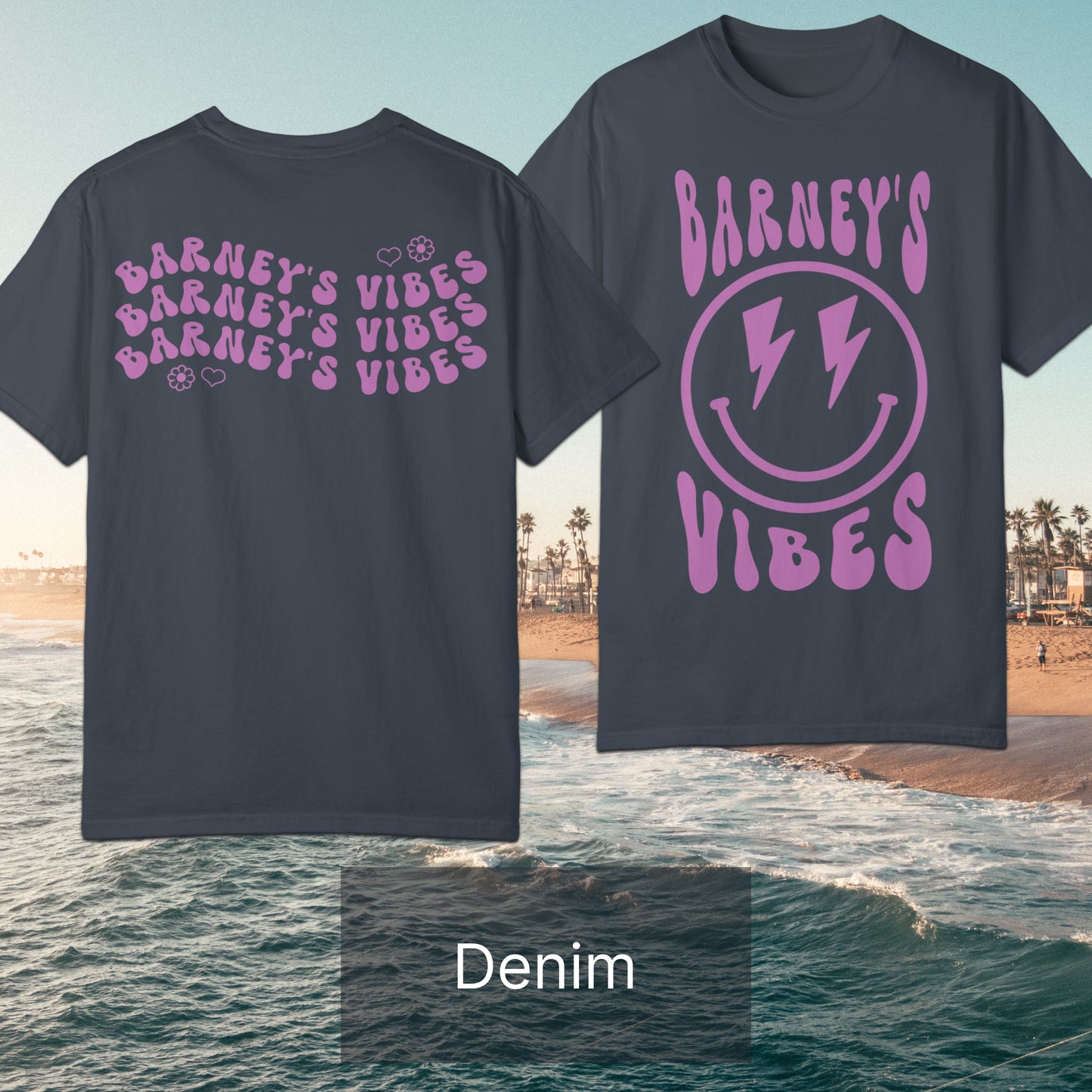 Barney's Vibes | BARNEY'S BEANERY - Women's Smiley Face Tee | Berry Graphics On Denim T-Shirt, Front And Back Flat Lay View