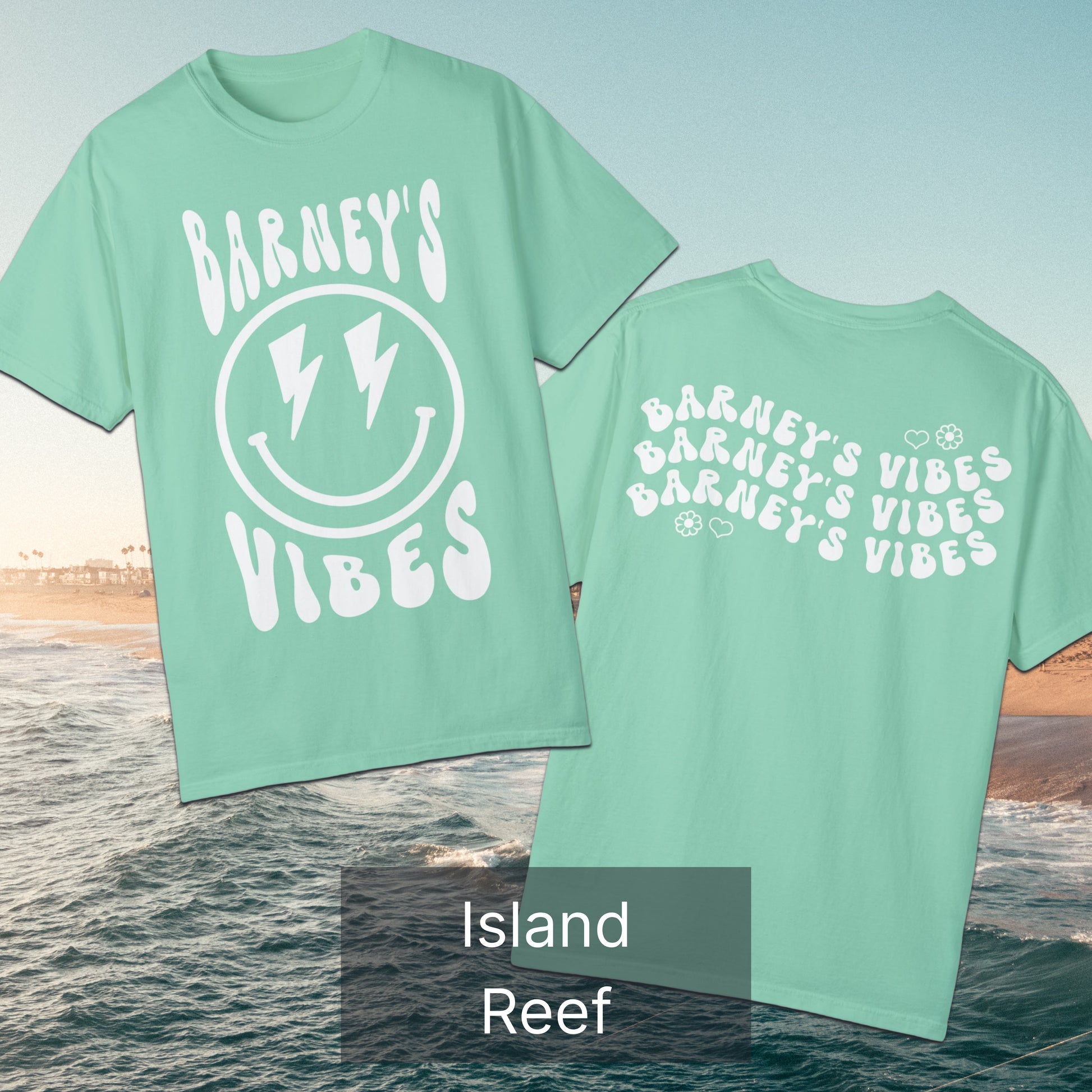 Barney's Vibes | BARNEY'S BEANERY - Women's Smiley Face Tee | White Graphics On Island Reef T-Shirt, Front And Back Flat Lay View