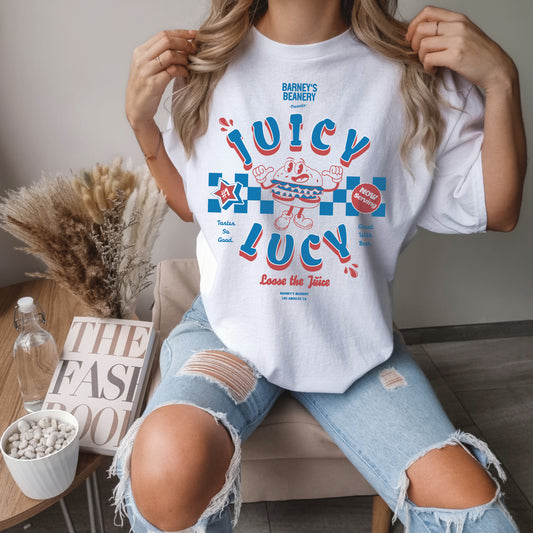 JUICY LUCY - Loose The Juice | BARNEY'S BEANERY - Women's Retro Graphic Tee | White Gildan 5000 T-Shirt - Big Red & Blue Graphic On Front View Of Female Lifestyle Image