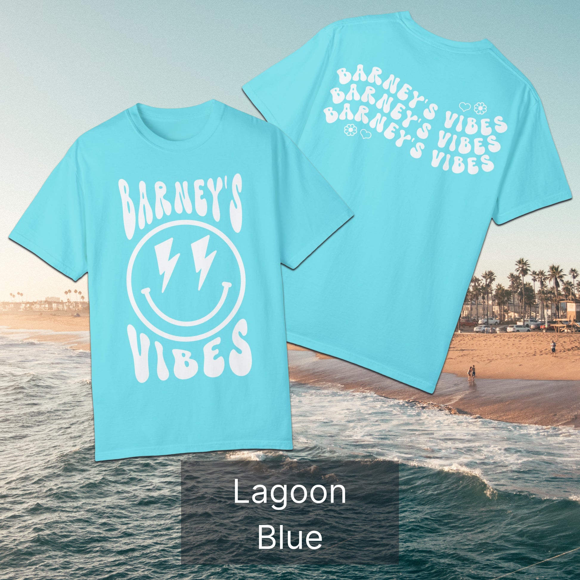 Barney's Vibes | BARNEY'S BEANERY - Women's Smiley Face Tee | White Graphics On Lagoon Blue T-Shirt, Front And Back Flat Lay View