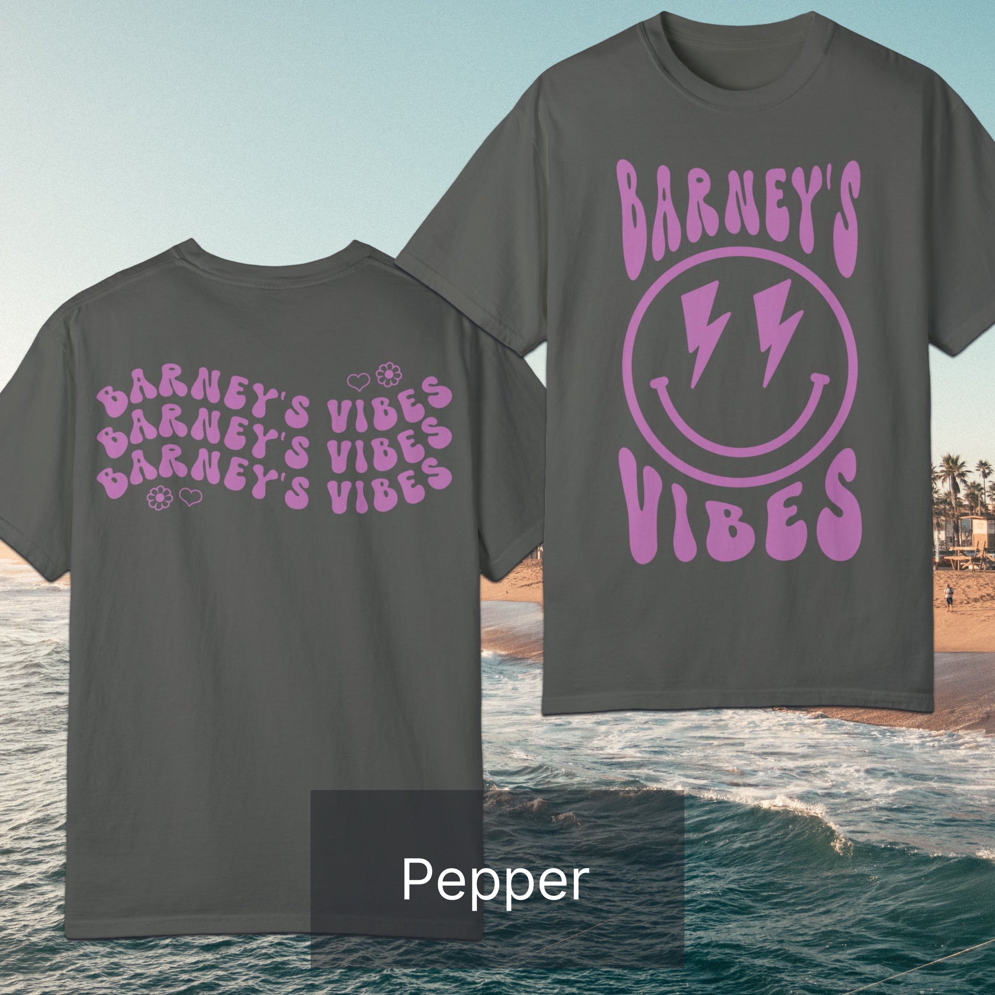 Barney's Vibes | BARNEY'S BEANERY - Women's Smiley Face Tee | Berry Graphics On Pepper T-Shirt, Front And Back Flat Lay View