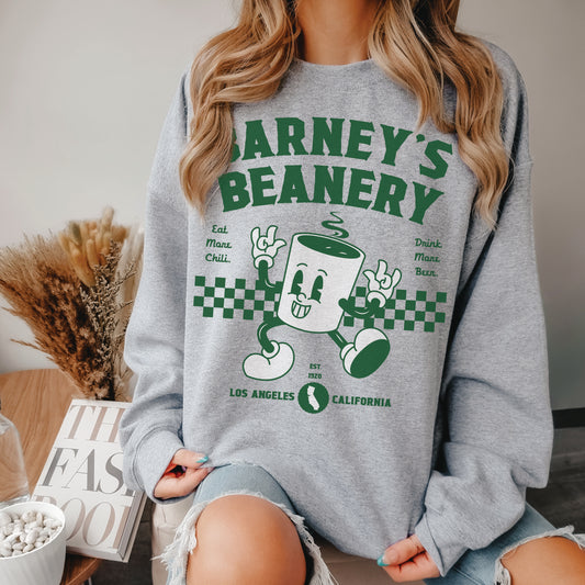 Eat More Chili. Drink More Beer. | BARNEY'S BEANERY Green - Women's Retro Graphic Sweatshirt | Green Graphics On Sport Grey Gildan 18000, Front View Female Lifestyle Image