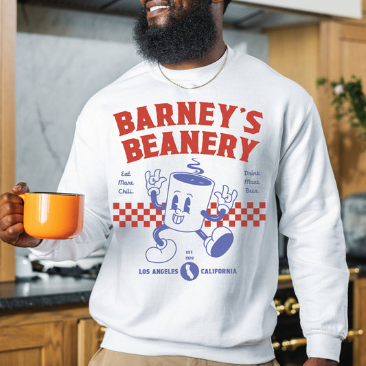 Eat More Chili. Drink More Beer. | BARNEY'S BEANERY Red & Blue - Men's Retro Graphic Sweatshirt | Red And Blue Graphics On White Gildan 18000 Sweatshirt, Front View Male Lifestyle Image