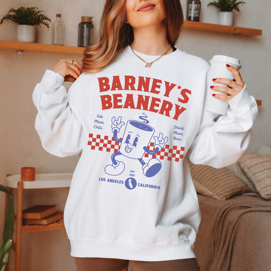 Eat More Chili. Drink More Beer. | BARNEY'S BEANERY Red & Blue - Women's Retro Graphic Sweatshirt | Red And Blue Graphics On White Gildan 18000 Sweatshirt, Front View Female Lifestyle Image