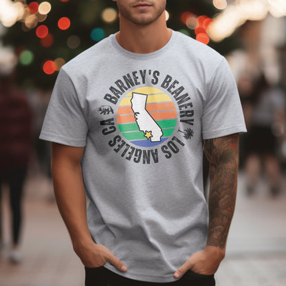 Retro Sunset | BARNEY'S BEANERY - Men's Retro Graphic Tee | Sport Grey Gildan 5000, Front View Male Lifestyle Image