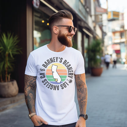 Retro Sunset | BARNEY'S BEANERY - Men's Retro Graphic Tee | White Gildan 5000, Front View Male Lifestyle Image