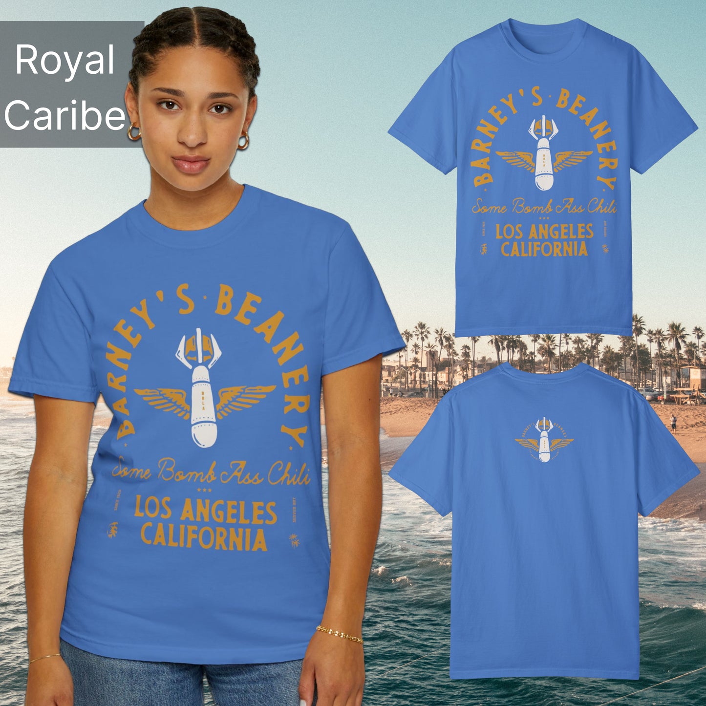 Some Bomb Ass Chili | BARNEY'S BEANERY - Women's Graphic Tee | Royal Caribe Comfort Colors 1717 T-Shirt - All Graphics On Front And Back Flat Lay View