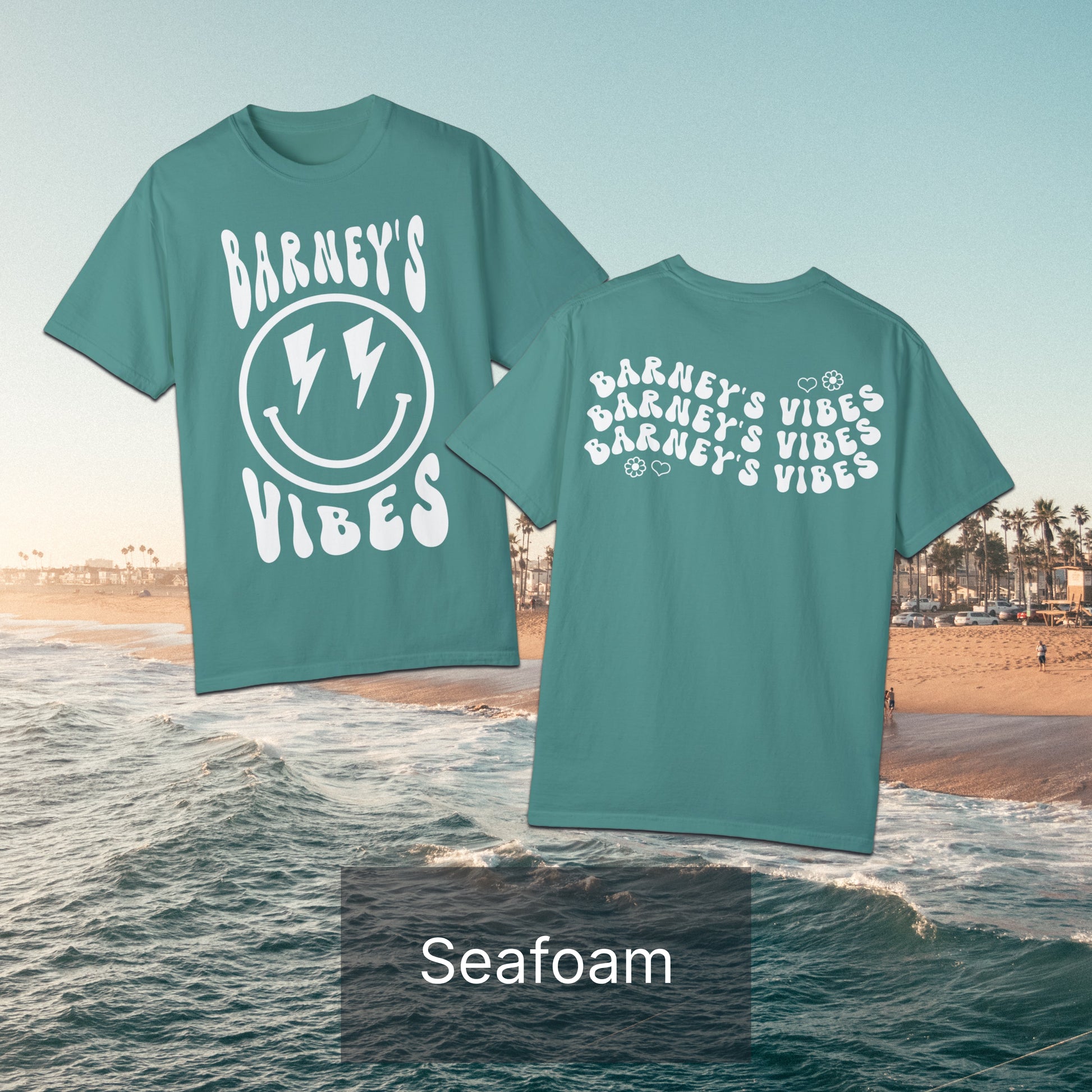 Barney's Vibes | BARNEY'S BEANERY - Women's Smiley Face Tee | White Graphics On Seafoam T-Shirt, Front And Back Flat Lay View