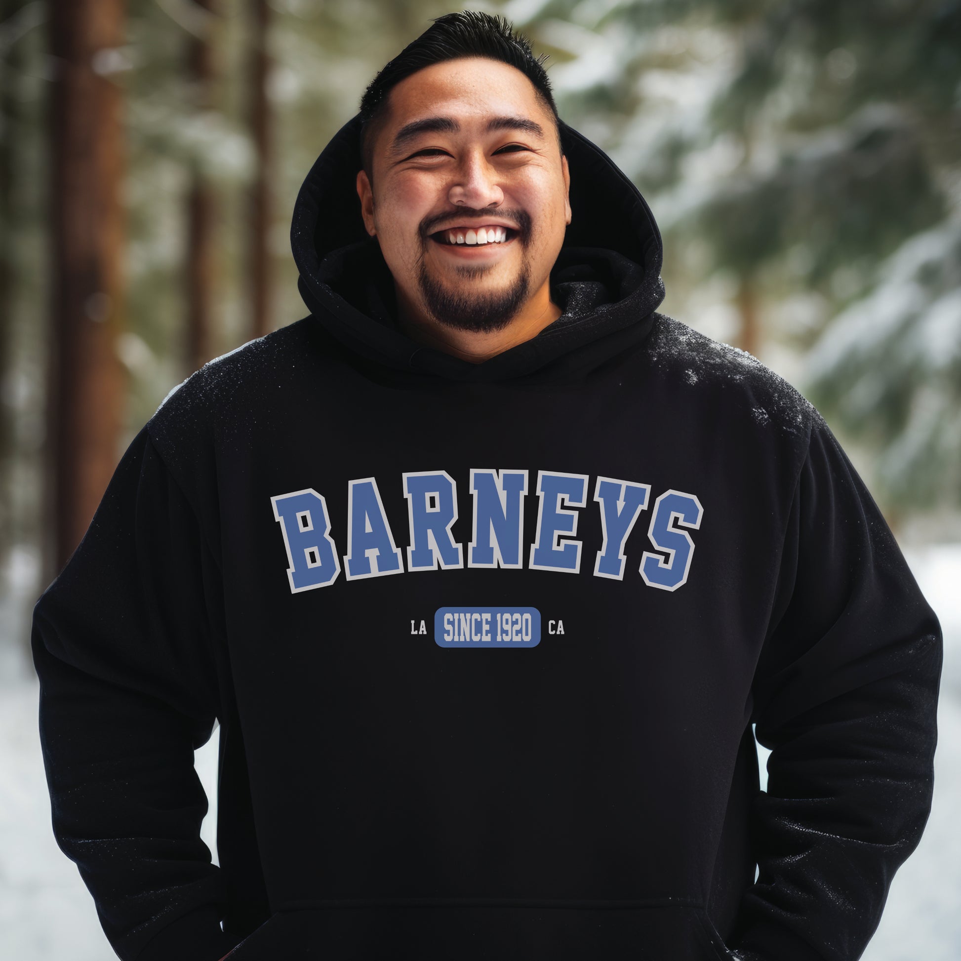 Vintage Collegiate | BARNEY'S BEANERY - Men's Graphic Hoodie | Blue Graphics On Black Gildan 18500 Hoodie, Front View Male Lifestyle Image