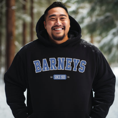 Vintage Collegiate | BARNEY'S BEANERY - Men's Graphic Hoodie | Blue Graphics On Black Gildan 18500 Hoodie, Front View Male Lifestyle Image