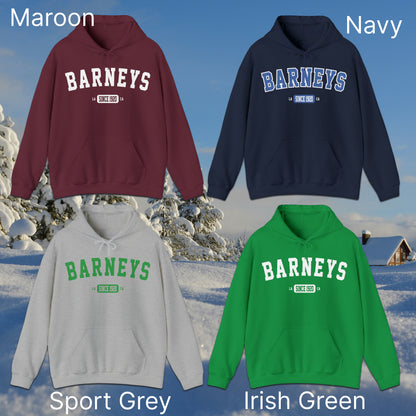 Vintage Collegiate | BARNEY'S BEANERY - Women's Graphic Hoodie | Maroon, Navy, Sport Grey, Irish Green Gildan 18500 Hoodies - Graphics On Front Flat Lay View