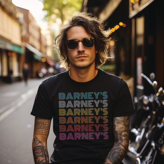 Barney's x6 Retro Hollywood | BARNEY'S BEANERY - Men's Retro Graphic Tee | Black Bella+Canvas 3001 T-Shirt - Big Graphic On Front View Of Male Lifestyle Image