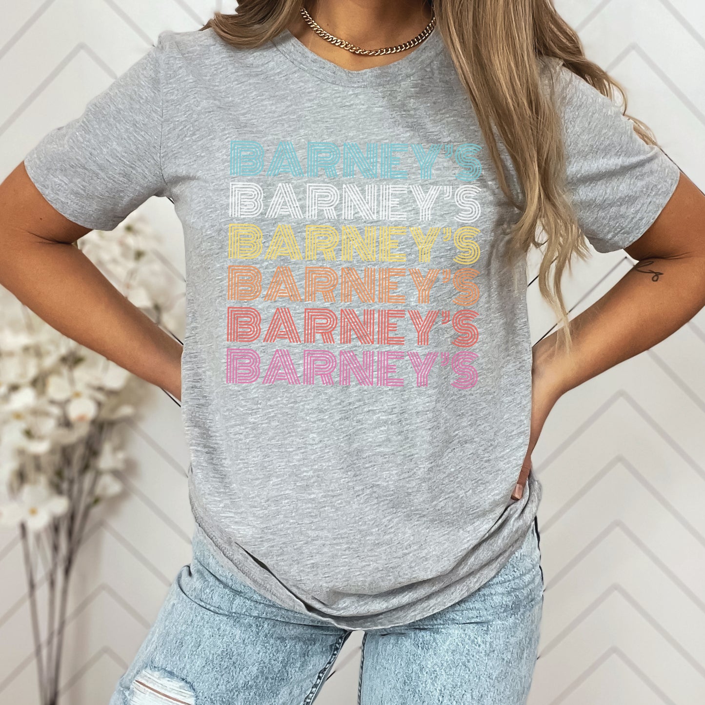 Barney's x6 Retro Hollywood | BARNEY'S BEANERY - Women's Retro Graphic Tee | Athletic Heather Bella+Canvas 3001 T-Shirt - Big Graphic On Front View Of Female Lifestyle Image