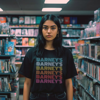 Barney's x6 Retro Hollywood | BARNEY'S BEANERY - Women's Retro Graphic Tee | Black Bella+Canvas 3001 T-Shirt - Big Graphic On Front View Of Female Lifestyle Image