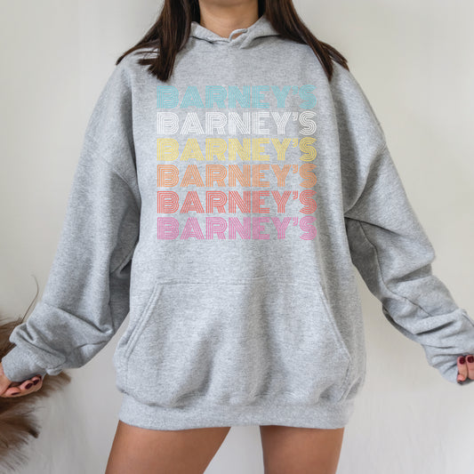 Barney's x6 Retro Hollywood | BARNEY'S BEANERY - Women's Retro Graphic Hoodie | Rainbow Retro Graphics On Sport Grey Gildan 18500 Hoodie, Front View Female Lifestyle Image