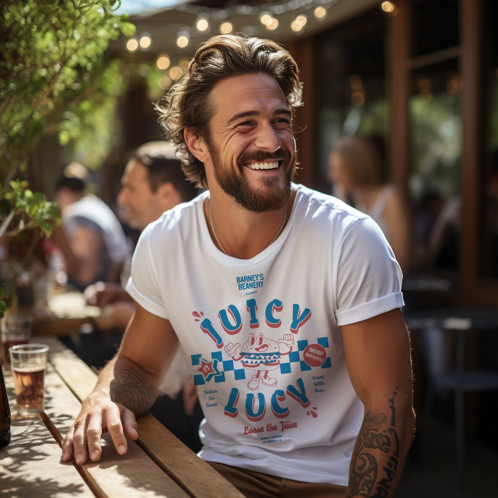 JUICY LUCY - Loose The Juice | BARNEY'S BEANERY - Men's Retro Graphic Tee | White Gildan 5000 T-Shirt - Big Red & Blue Graphic On Front View Of Male Lifestyle Image