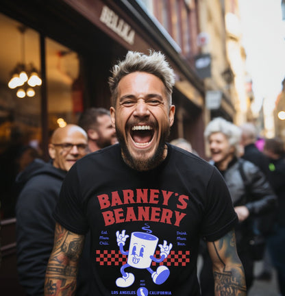 Eat More Chili. Drink More Beer. | BARNEY'S BEANERY - Men's Retro Graphic Tee | Black Bella+Canvas 3001 T-Shirt - Big Red & Blue Graphic On Front View Of Male Lifestyle Image